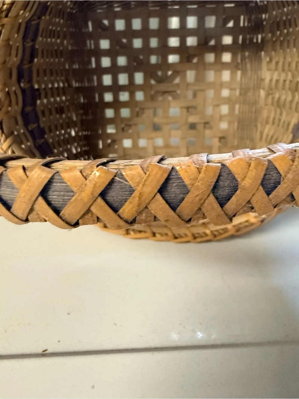 Vintage Hand Woven Basket with Blue Accents Rustic Country Farmhouse